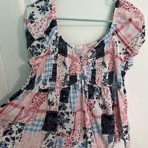 No Boundaries Pink and Blue Flutter Sleeve Smocked Blouse